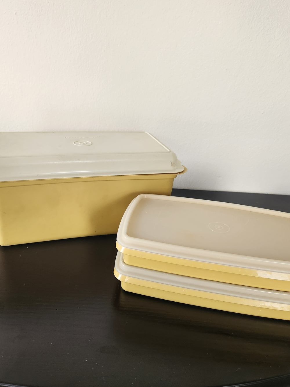 Vintage Yellow Plastic Food Storage Container Set with Cream Lids